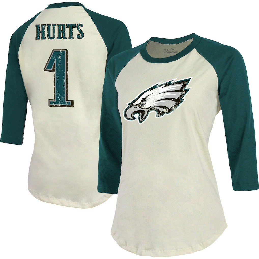 Jalen Hurts Philadelphia Eagles Majestic Threads Women's Player Raglan Name & Number Fitted 3/4-Sleeve T-Shirt Cream/Green | NFL