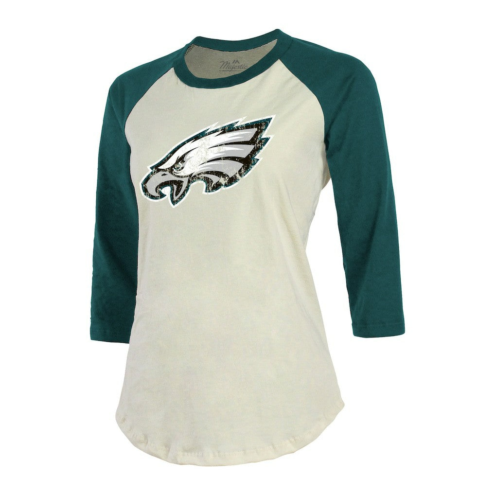 Jalen Hurts Philadelphia Eagles Majestic Threads Women's Player Raglan Name & Number Fitted 3/4-Sleeve T-Shirt Cream/Green | NFL