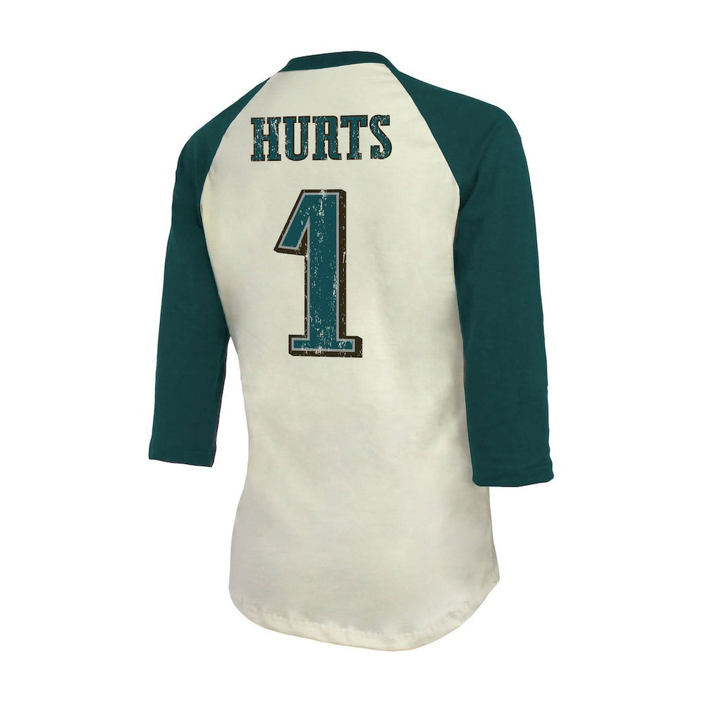 Jalen Hurts Philadelphia Eagles Majestic Threads Women's Player Raglan Name & Number Fitted 3/4-Sleeve T-Shirt Cream/Green | NFL