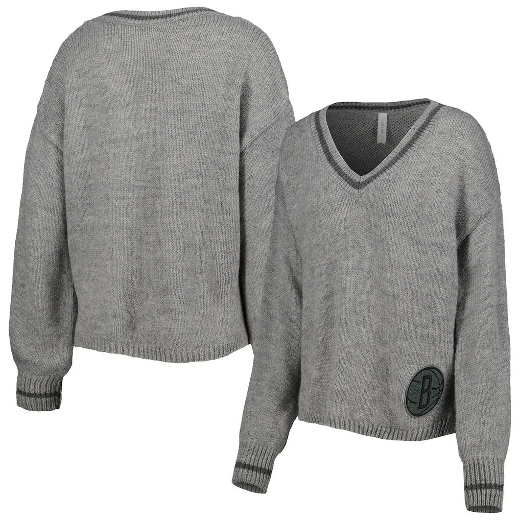Brooklyn Nets Lusso Women's Scarletts Lantern Sleeve Tri-Blend V-Neck Pullover Sweater Gray - NBA