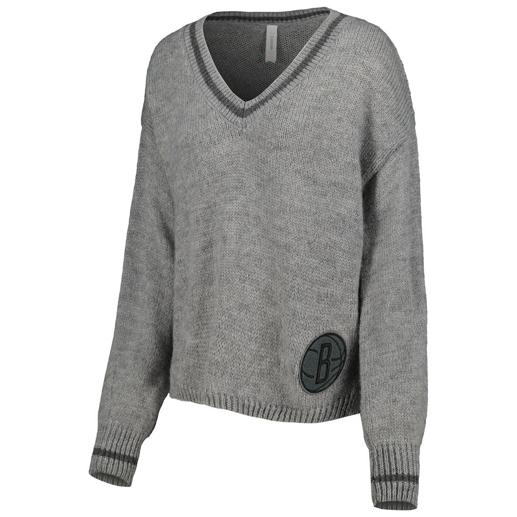 Brooklyn Nets Lusso Women's Scarletts Lantern Sleeve Tri-Blend V-Neck Pullover Sweater Gray - NBA