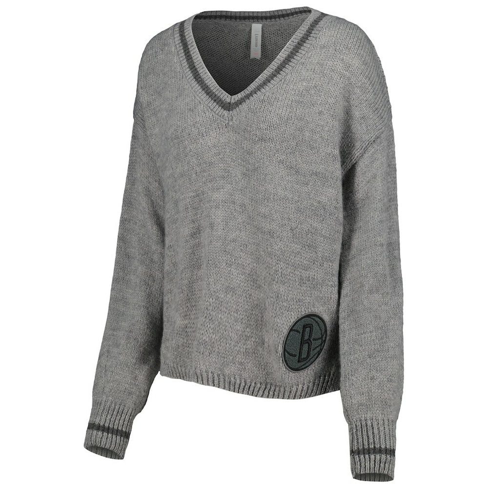 Brooklyn Nets Lusso Women's Scarletts Lantern Sleeve Tri-Blend V-Neck Pullover Sweater Gray - NBA