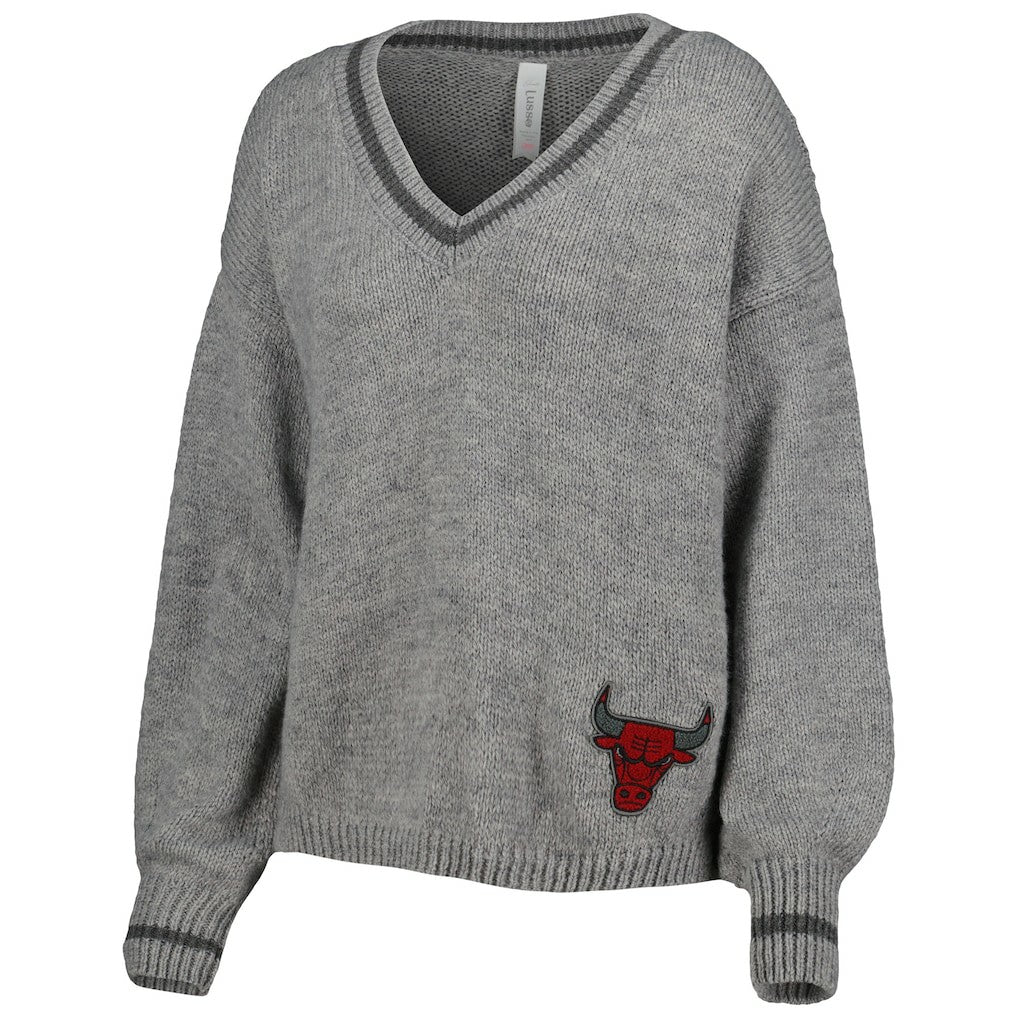 Chicago Bulls Lusso Women's Scarletts Lantern Sleeve Tri-Blend V-Neck Pullover Sweater Gray - NBA