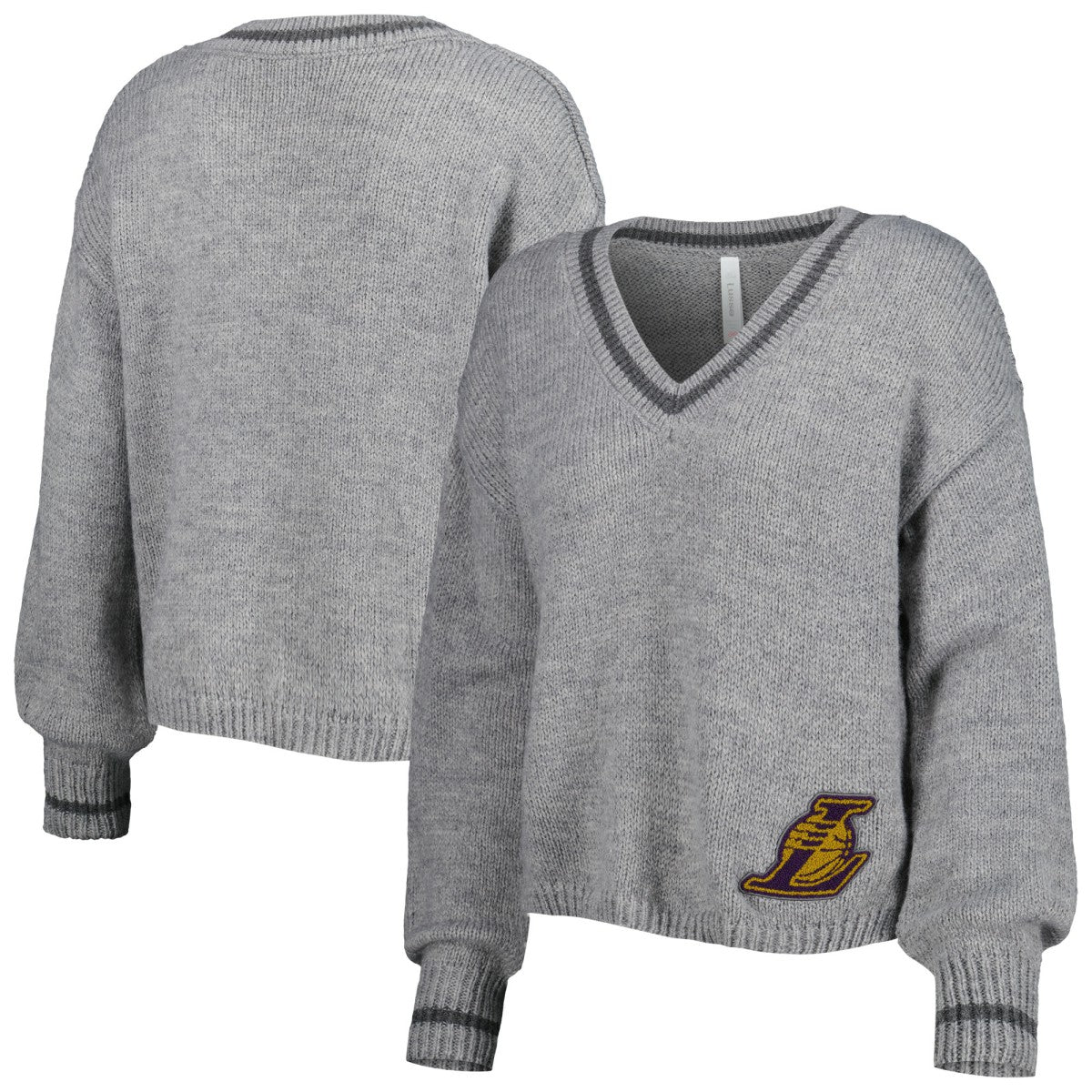 Los Angeles Lakers Lusso Women's Scarletts Lantern Sleeve Tri-Blend V-Neck Pullover Sweater Gray - NBA