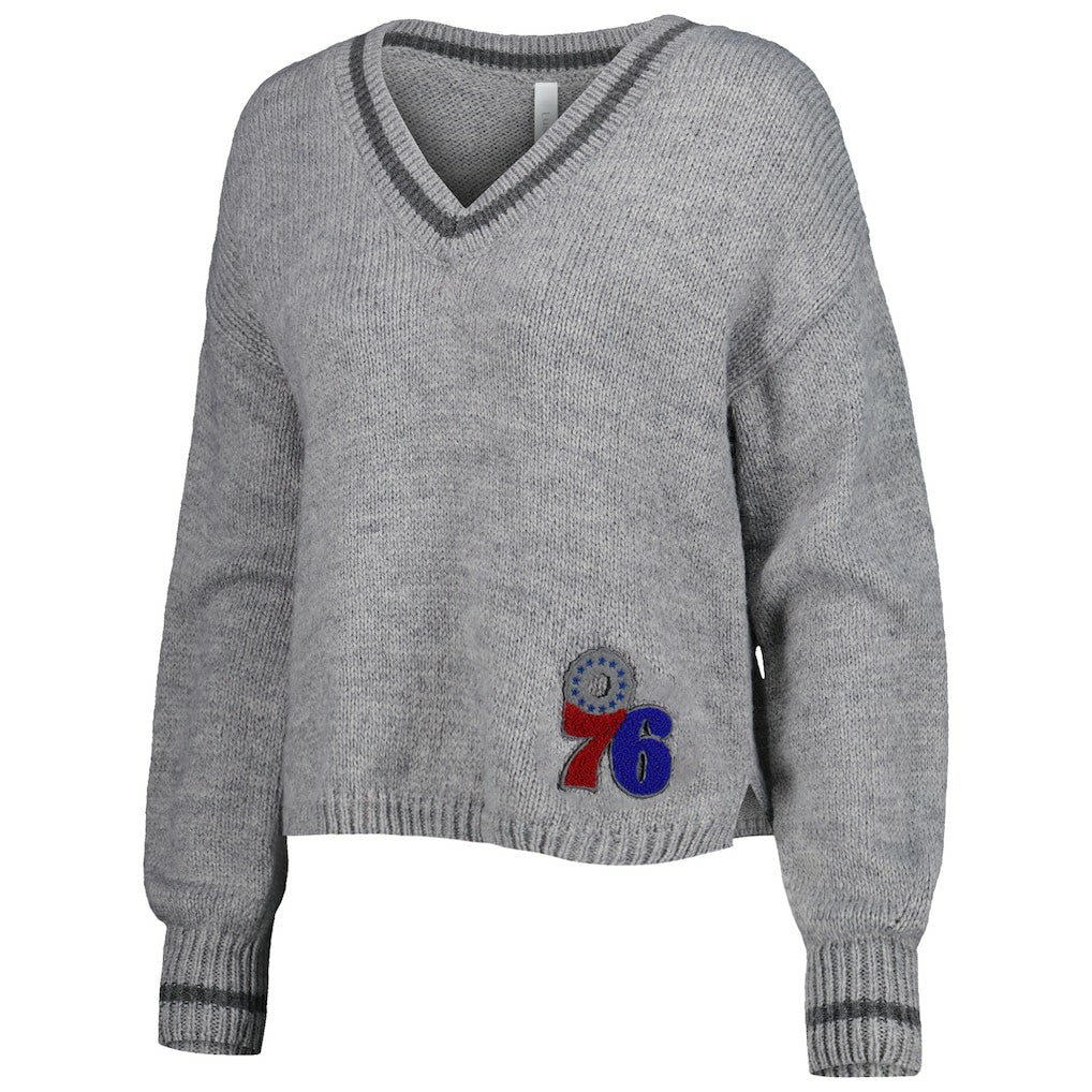 Philadelphia 76ers Lusso Women's Scarletts Lantern Sleeve Tri-Blend V-Neck Pullover Sweater Gray - NBA