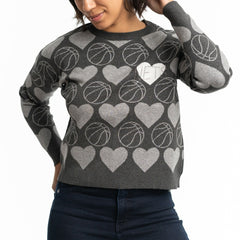 Brooklyn Nets Lusso Women's Basketball Love Swarovski Crystal Intarsia Pullover Sweater Charcoal - NBA