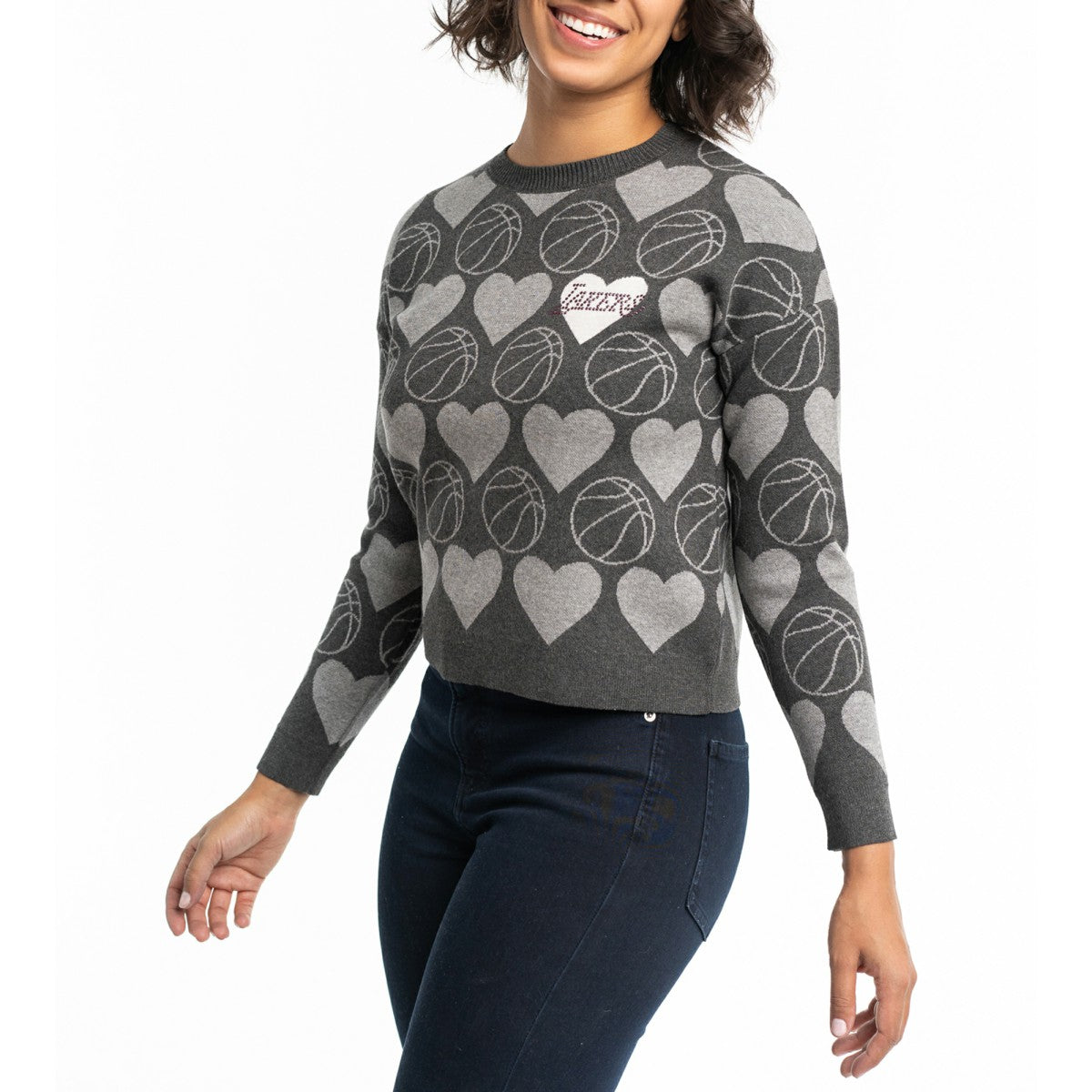 Los Angeles Lakers Lusso Women's Basketball Love Swarovski Crystal Intarsia Pullover Sweater Charcoal - NBA