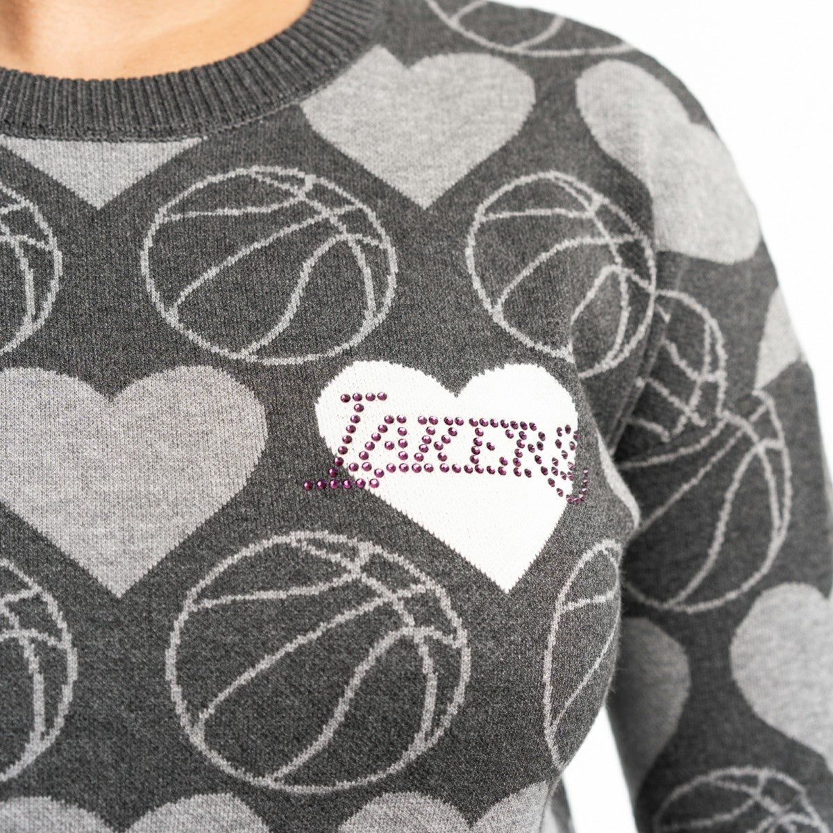 Los Angeles Lakers Lusso Women's Basketball Love Swarovski Crystal Intarsia Pullover Sweater Charcoal - NBA