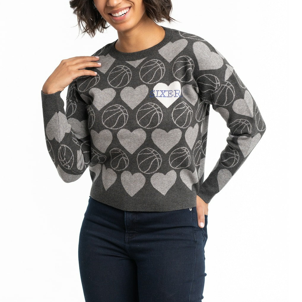 Philadelphia 76ers Lusso Women's Basketball Love Swarovski Crystal Intarsia Pullover Sweater Charcoal - NBA