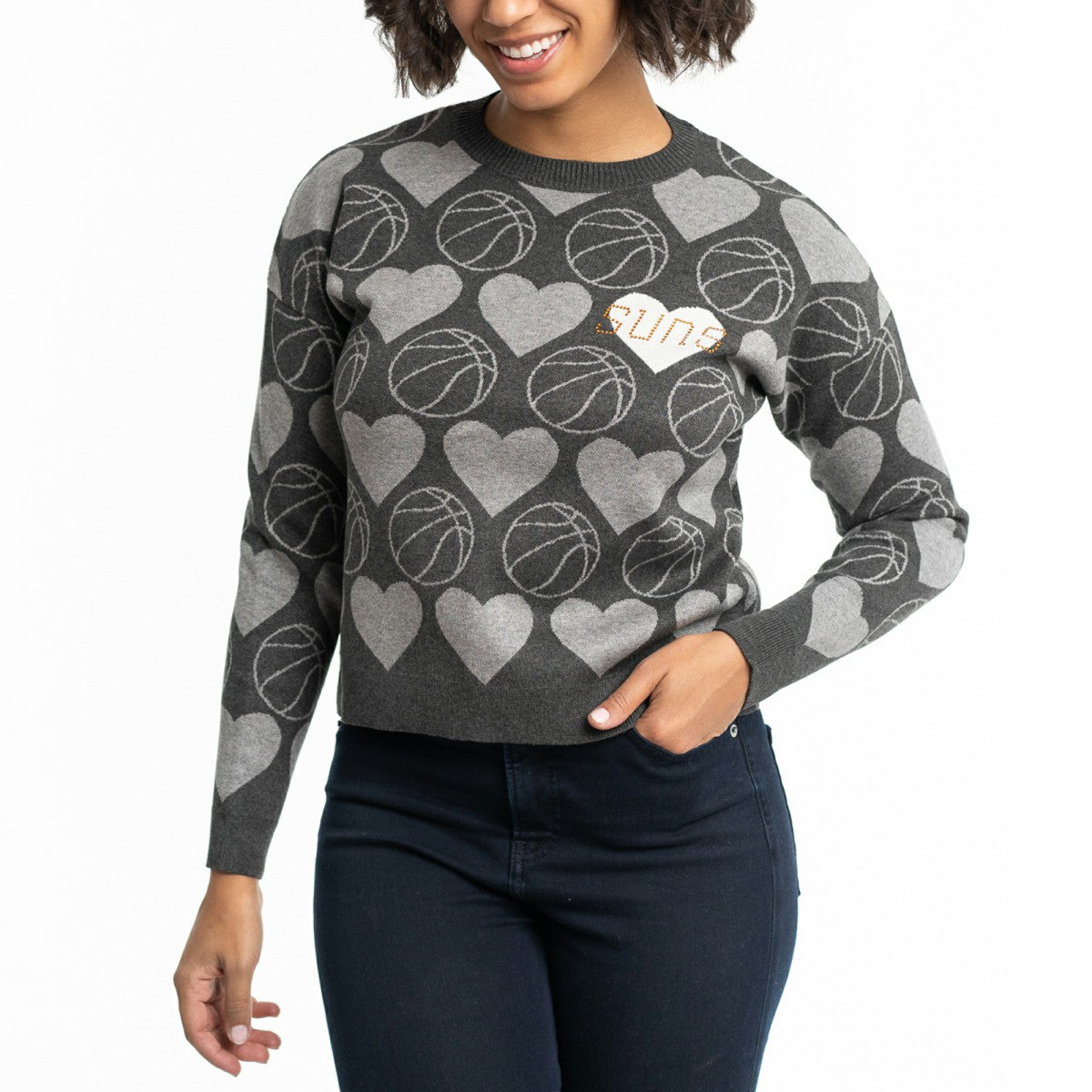 Phoenix Suns Lusso Women's Basketball Love Swarovski Crystal Intarsia Pullover Sweater Charcoal - NBA
