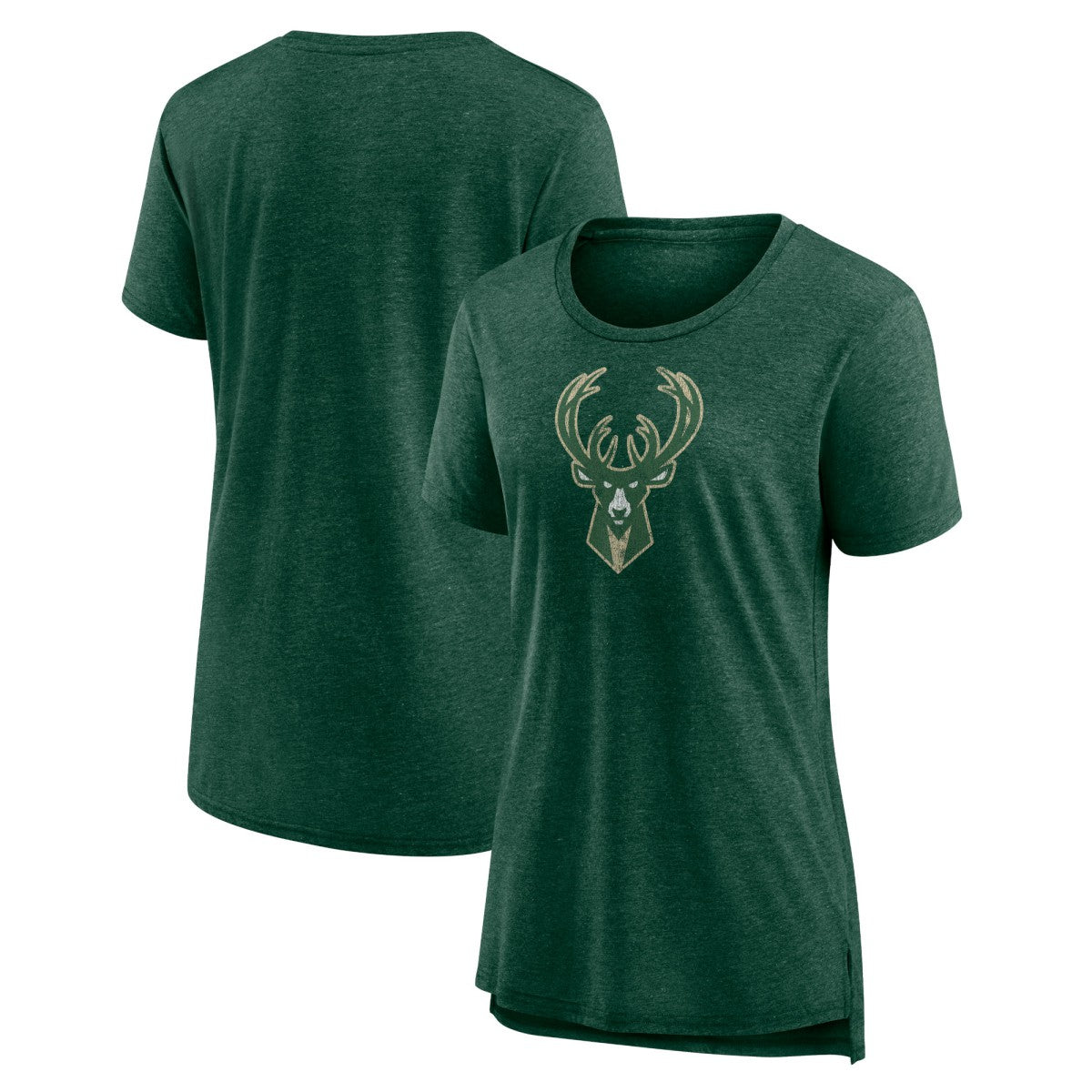 Milwaukee Bucks Women's Distressed Logo Tri-Blend T-Shirt Heather Hunter Green - NBA