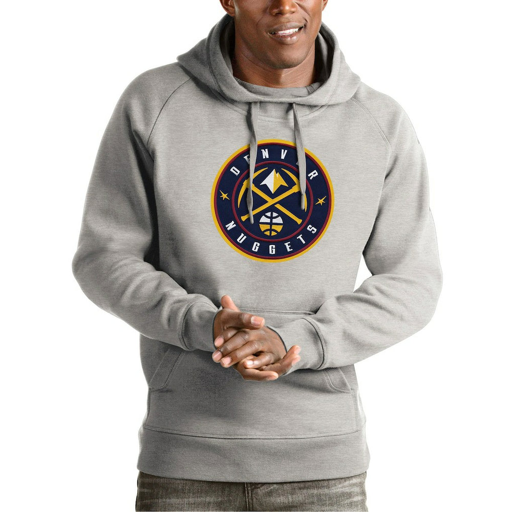 Denver Nuggets Antigua Team Logo Victory Pullover Hoodie Heather Gray - NBA