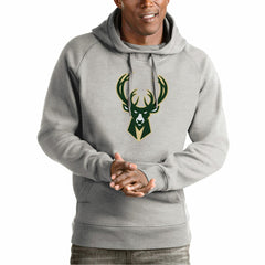 Milwaukee Bucks Antigua Team Logo Victory Pullover Hoodie Heather Gray - NBA