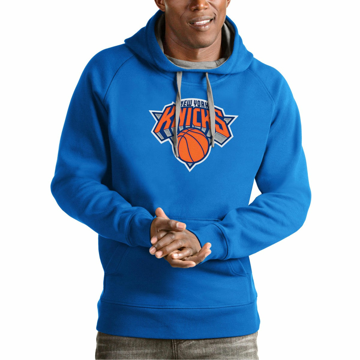 New York Knicks Antigua Team Logo Victory Pullover Hoodie Blue - NBA