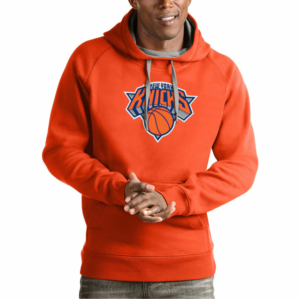 New York Knicks Antigua Team Logo Victory Pullover Hoodie Orange - NBA