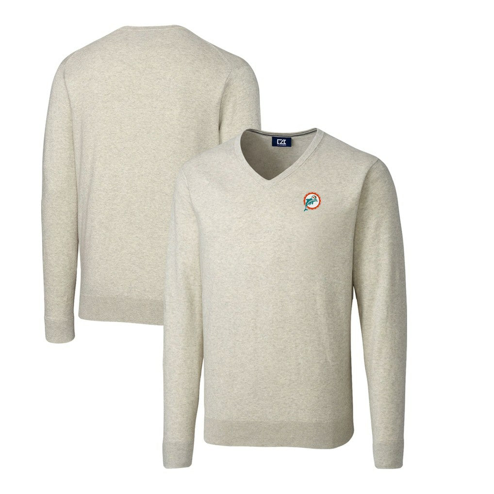 Miami Dolphins Cutter & Buck Throwback Logo Lakemont Tri-Blend Big & Tall V-Neck Pullover Sweater Oatmeal | NFL