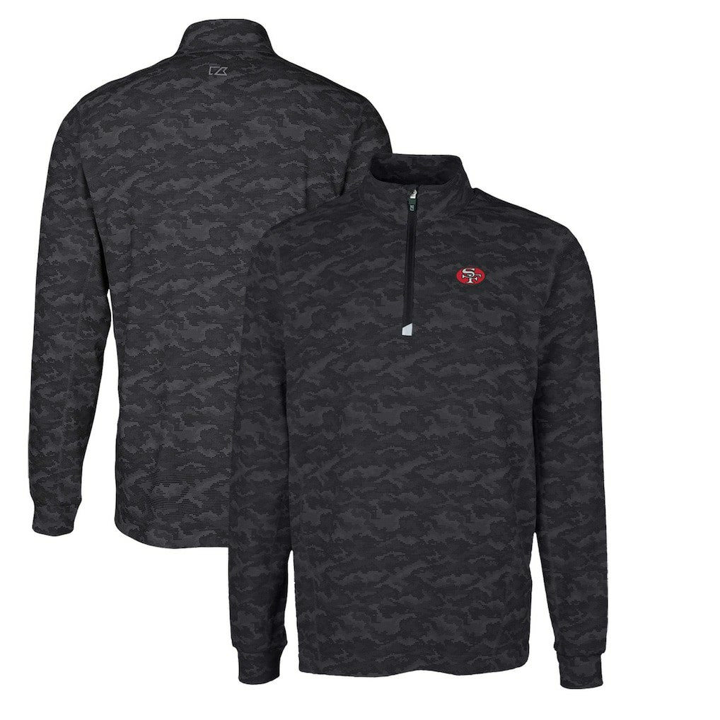 San Francisco 49ers Cutter & Buck Throwback Logo Big & Tall Traverse Camo Print Stretch Quarter-Zip Pullover Top Black | NFL
