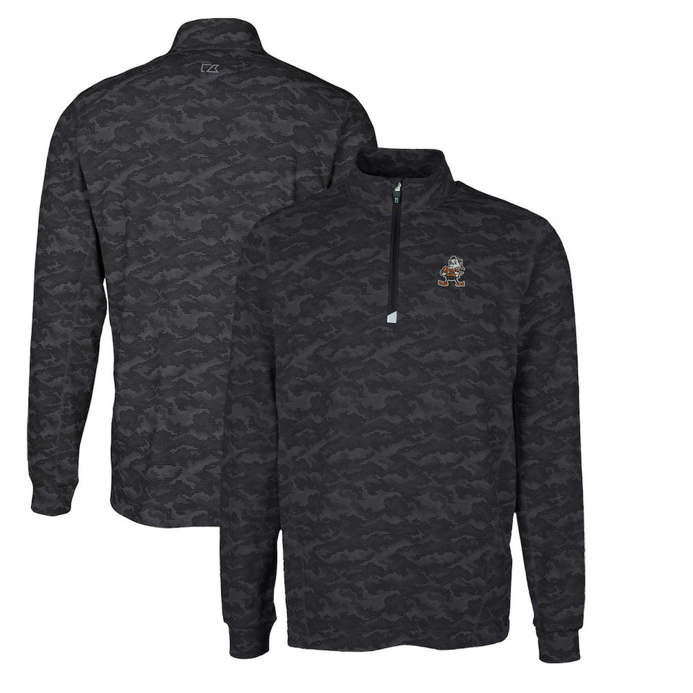 Cleveland Browns Cutter & Buck Throwback Logo Big & Tall Traverse Camo Print Stretch Quarter-Zip Pullover Top Black | NFL