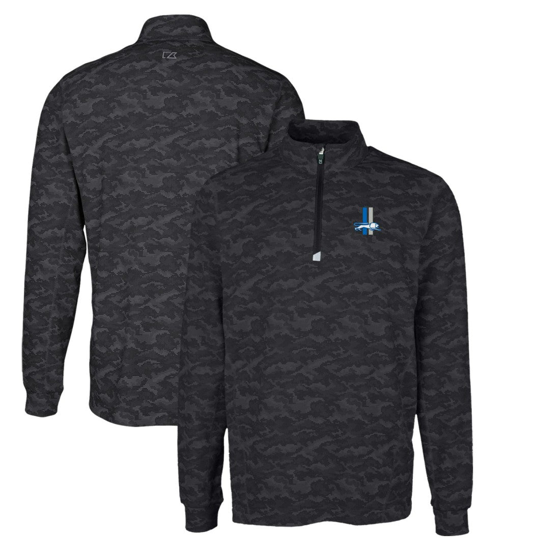 Detroit Lions Cutter & Buck Throwback Logo Big & Tall Traverse Camo Print Stretch Quarter-Zip Pullover Top Black | NFL