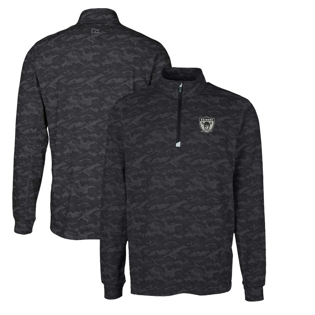 Las Vegas Raiders Cutter & Buck Throwback Logo Big & Tall Traverse Camo Print Stretch Quarter-Zip Pullover Top Black | NFL