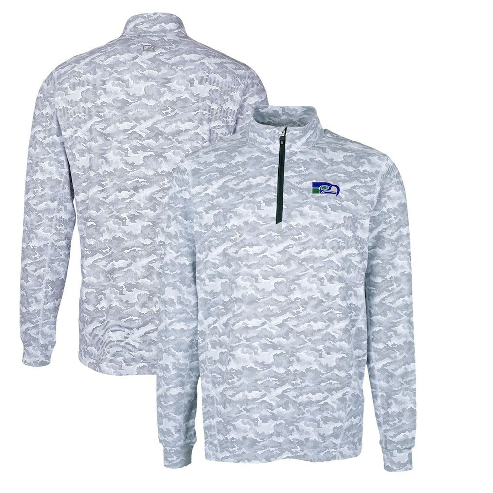 Seattle Seahawks Cutter & Buck Throwback Logo Big & Tall Traverse Camo Print Stretch Quarter-Zip Pullover Top Charcoal | NFL