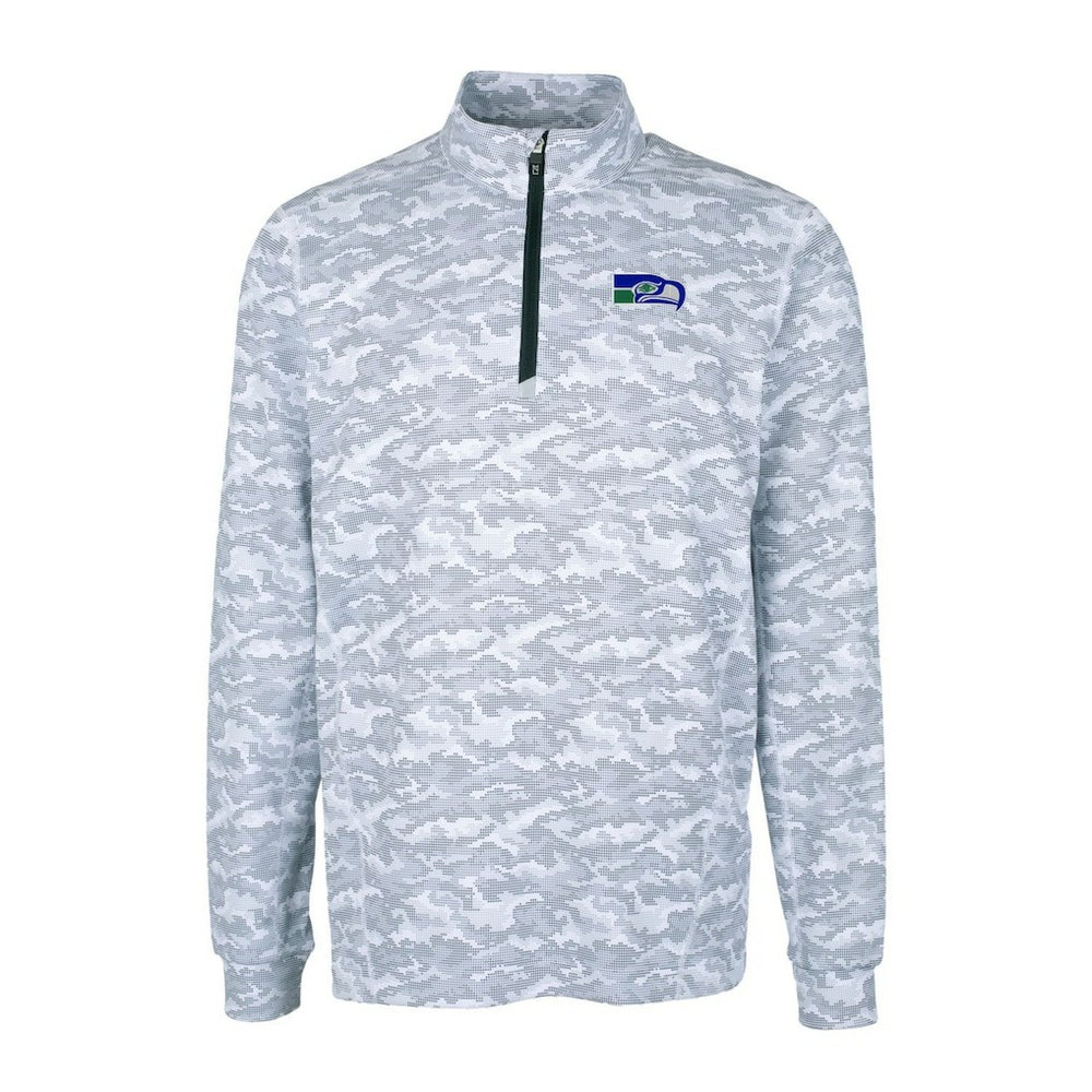 Seattle Seahawks Cutter & Buck Throwback Logo Big & Tall Traverse Camo Print Stretch Quarter-Zip Pullover Top Charcoal | NFL