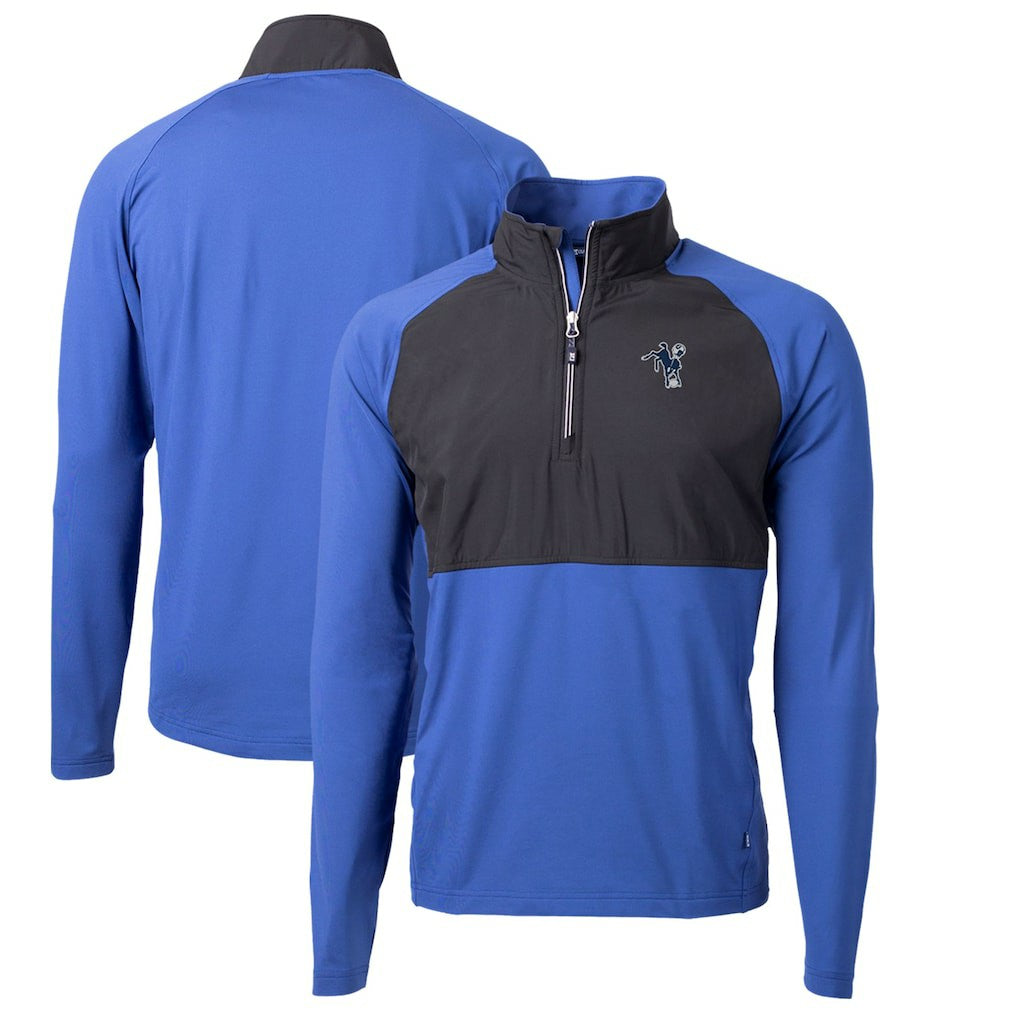 Indianapolis Colts Cutter & Buck Adapt Eco Knit Hybrid Recycled Quarter-Zip Throwback Pullover Top Royal/Black | NFL