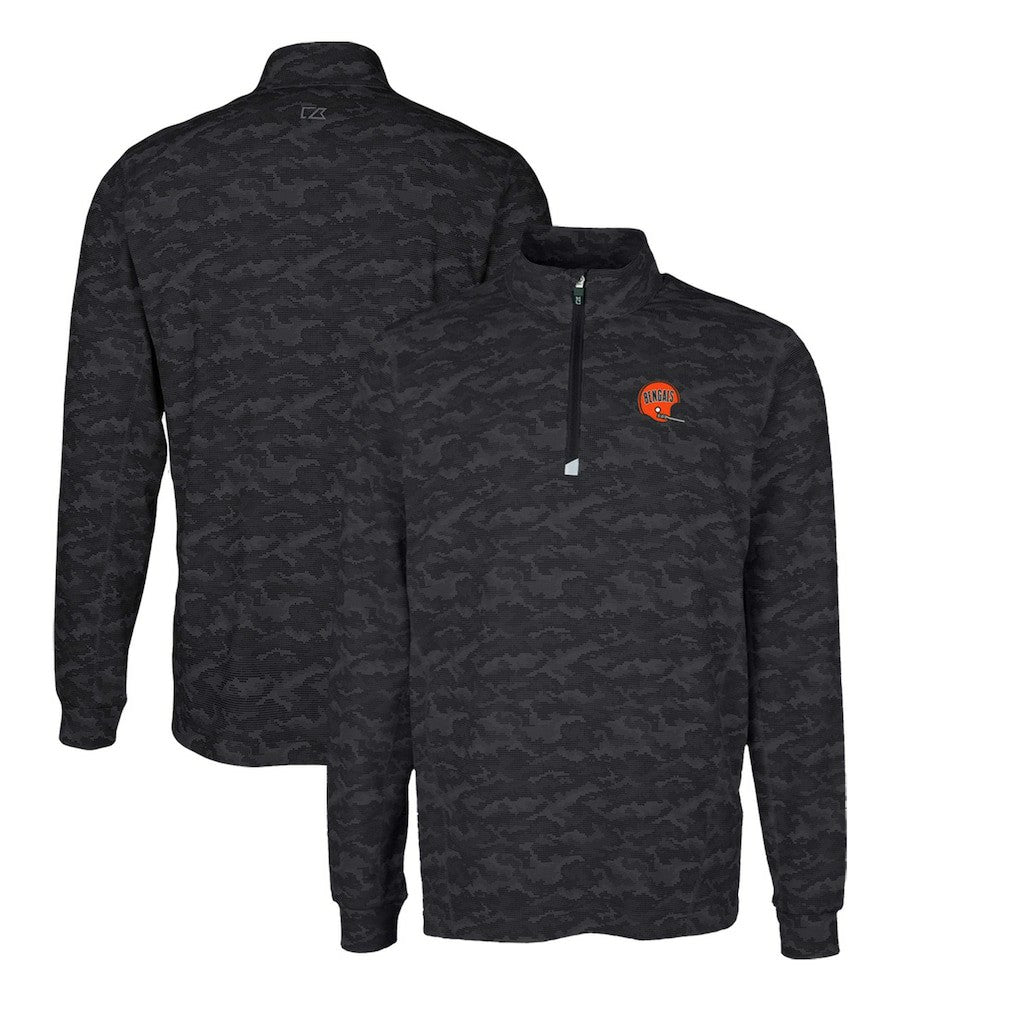 Cincinnati Bengals Cutter & Buck Throwback Logo Traverse Camo Print Stretch Quarter-Zip Pullover Top Black | NFL