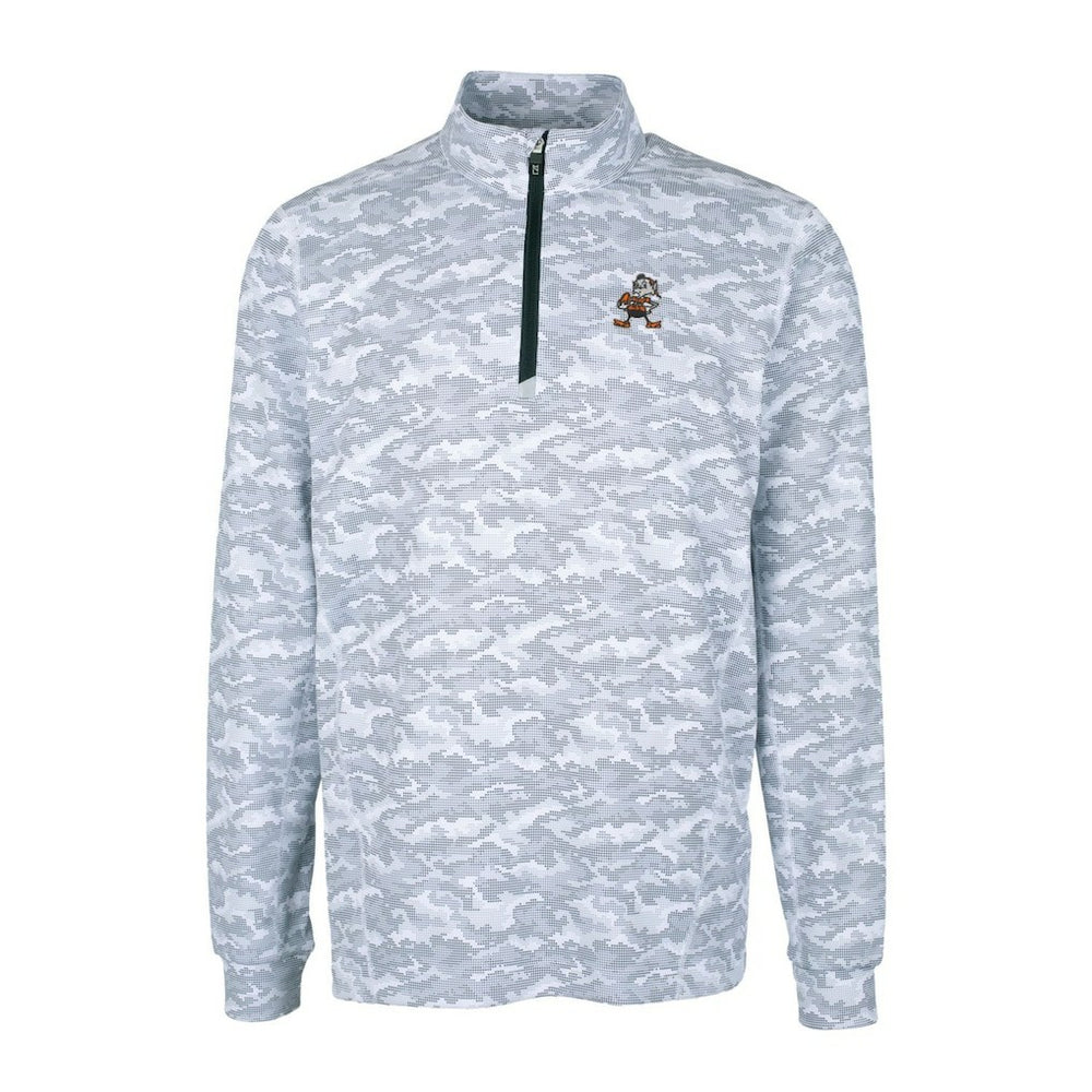 Cleveland Browns Cutter & Buck Throwback Logo Traverse Camo Print Stretch Quarter-Zip Pullover Top Charcoal | NFL