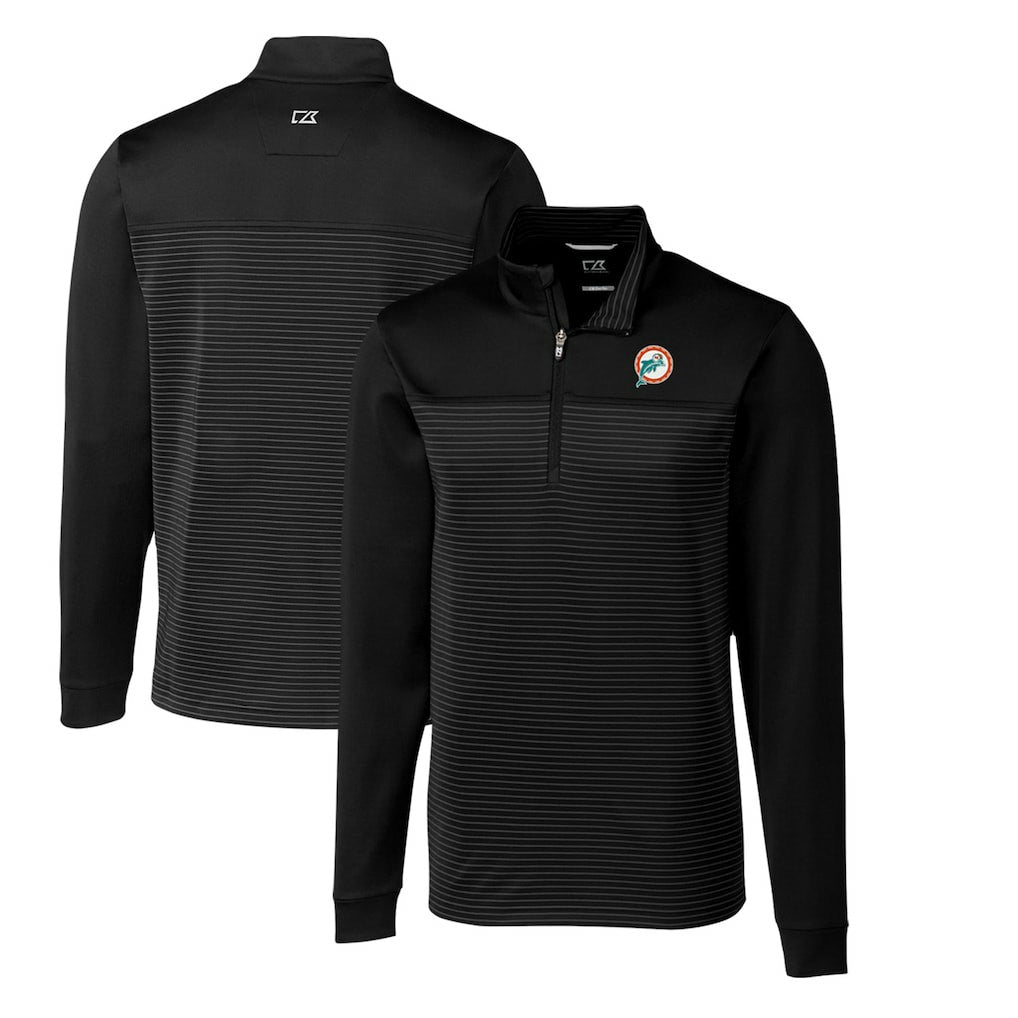 Miami Dolphins Cutter & Buck Throwback Logo Traverse Stripe Stretch Quarter-Zip Pullover Top Black | NFL