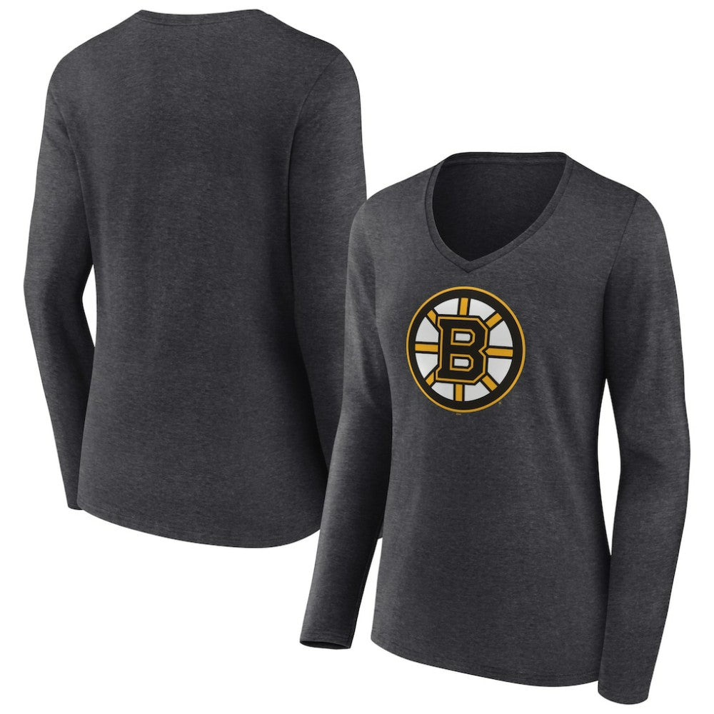 Boston Bruins Women's Primary Team Logo Long Sleeve V-Neck T-Shirt - Heather Charcoal - NHL