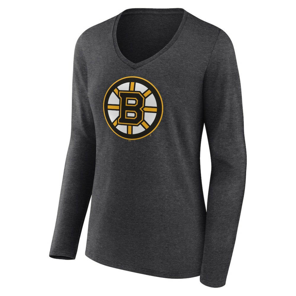 Boston Bruins Women's Primary Team Logo Long Sleeve V-Neck T-Shirt - Heather Charcoal - NHL