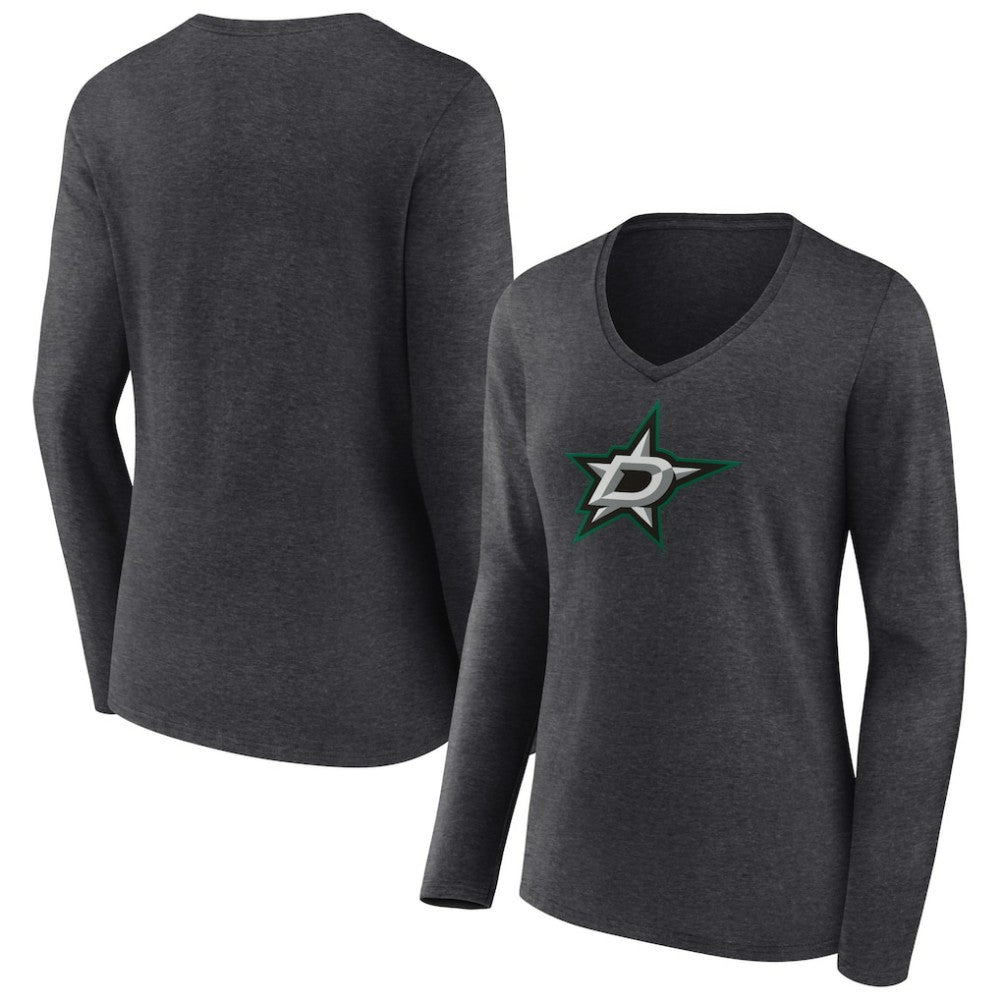 Dallas Stars Women's Primary Team Logo Long Sleeve V-Neck T-Shirt - Heather Charcoal - NHL