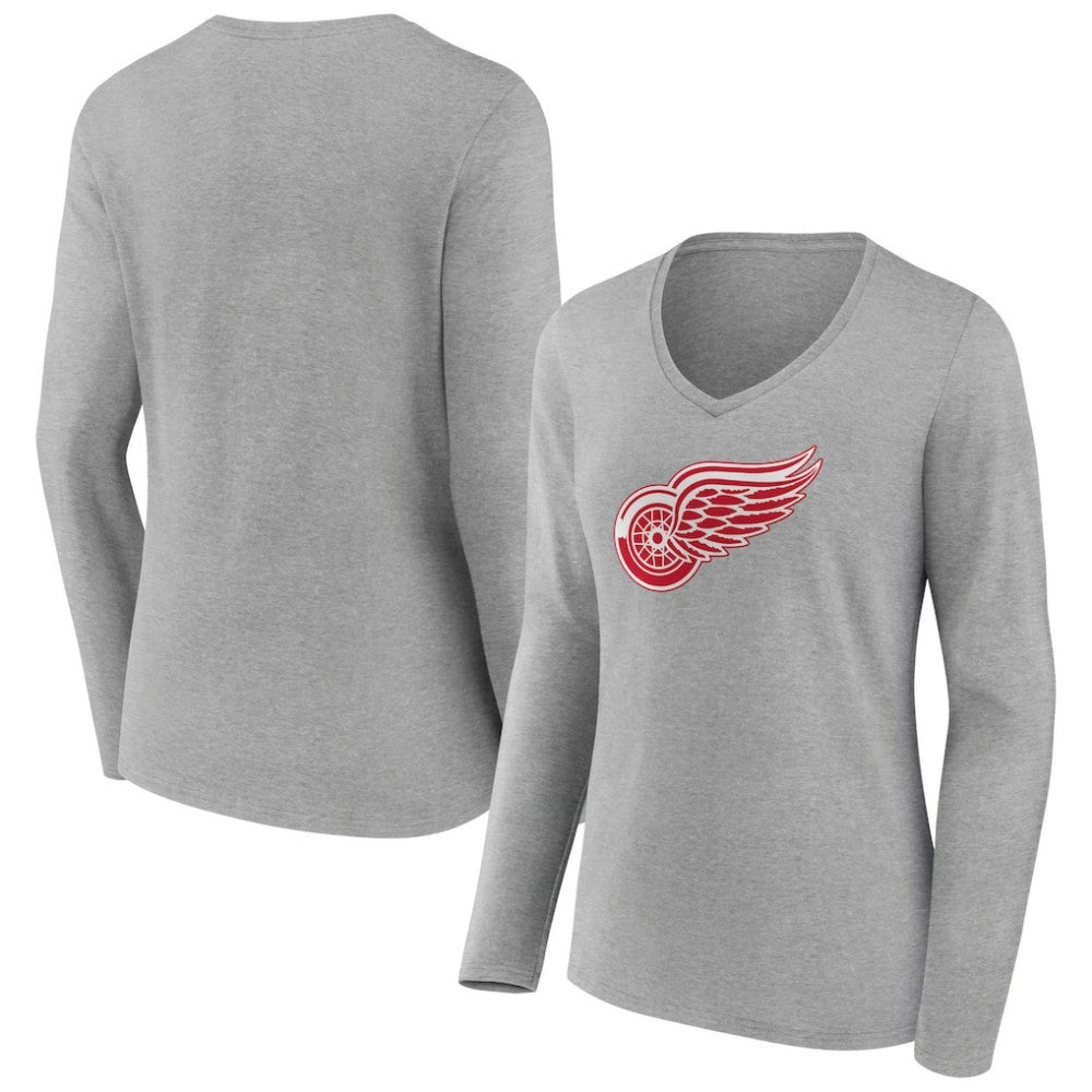 Detroit Red Wings Women's Primary Logo Team Long Sleeve V-Neck T-Shirt - Heather Gray - NHL