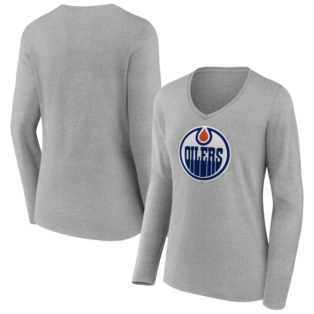 Edmonton Oilers Women's Primary Logo Team Long Sleeve V-Neck T-Shirt - Heather Gray - NHL