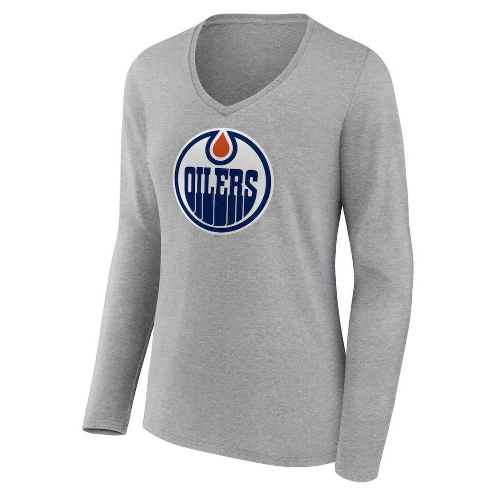 Edmonton Oilers Women's Primary Logo Team Long Sleeve V-Neck T-Shirt - Heather Gray - NHL