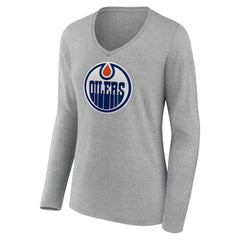 Edmonton Oilers Women's Primary Logo Team Long Sleeve V-Neck T-Shirt - Heather Gray - NHL