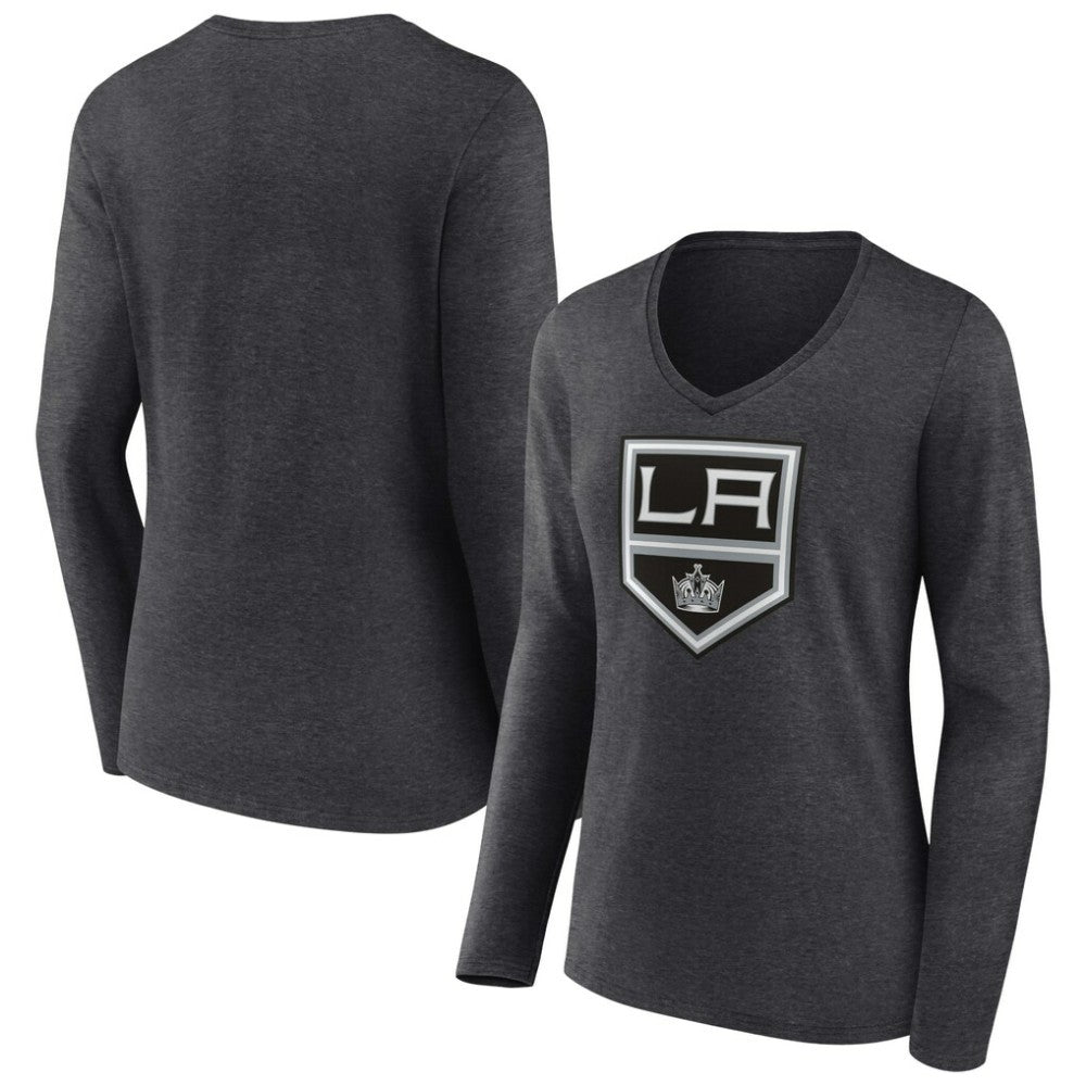 Los Angeles Kings Women's Primary Team Logo Long Sleeve V-Neck T-Shirt - Heather Charcoal - NHL