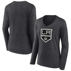 Los Angeles Kings Women's Primary Team Logo Long Sleeve V-Neck T-Shirt - Heather Charcoal - NHL
