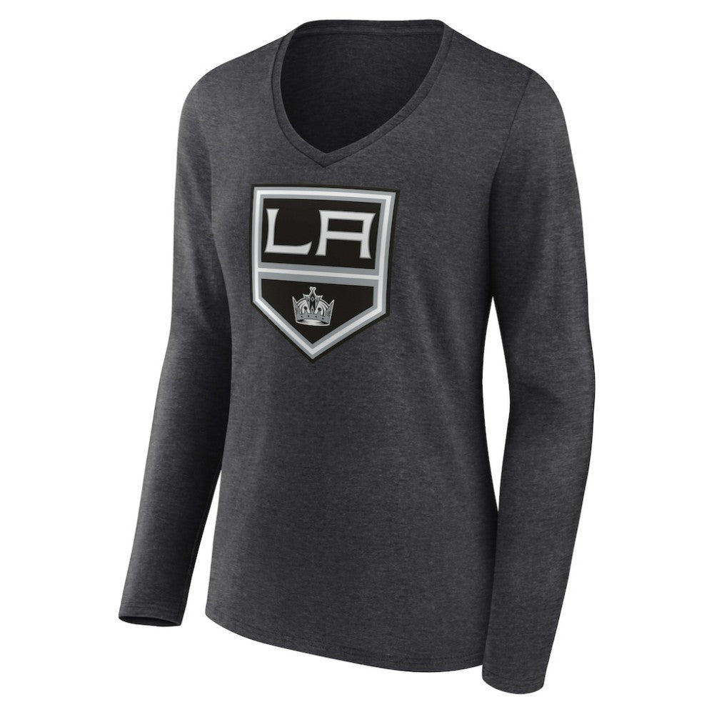 Los Angeles Kings Women's Primary Team Logo Long Sleeve V-Neck T-Shirt - Heather Charcoal - NHL