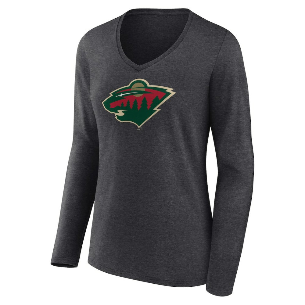 Minnesota Wild Women's Primary Team Logo Long Sleeve V-Neck T-Shirt - Heather Charcoal - NHL