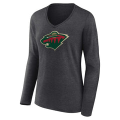 Minnesota Wild Women's Primary Team Logo Long Sleeve V-Neck T-Shirt - Heather Charcoal - NHL