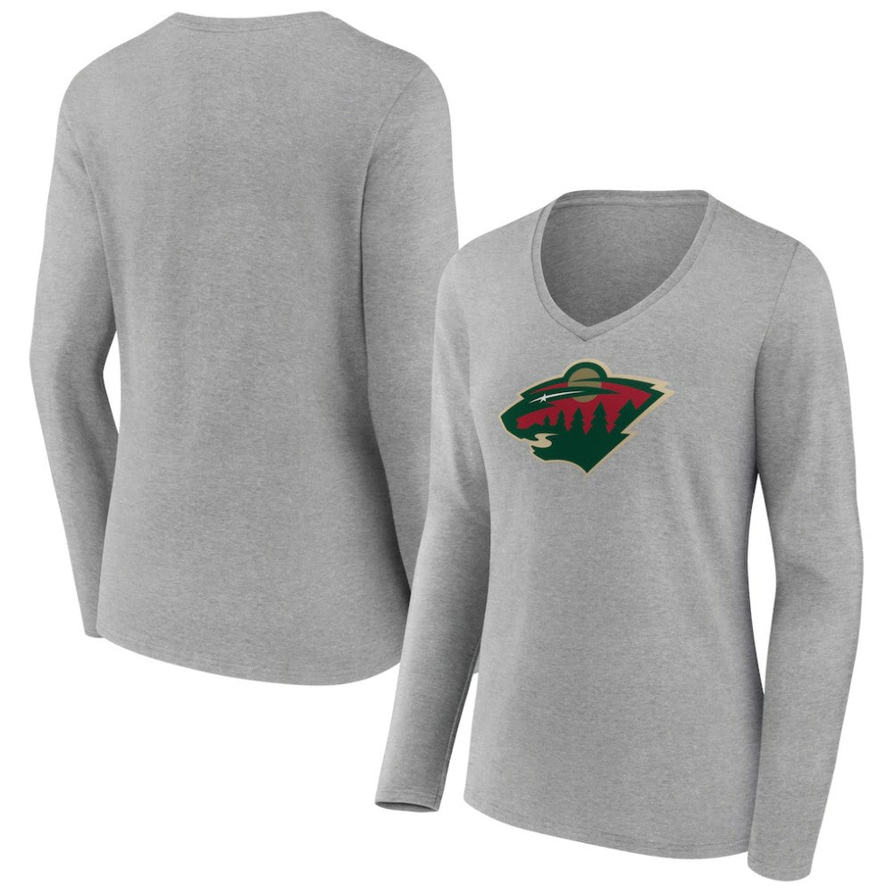 Minnesota Wild Women's Primary Logo Team Long Sleeve V-Neck T-Shirt - Heather Gray - NHL