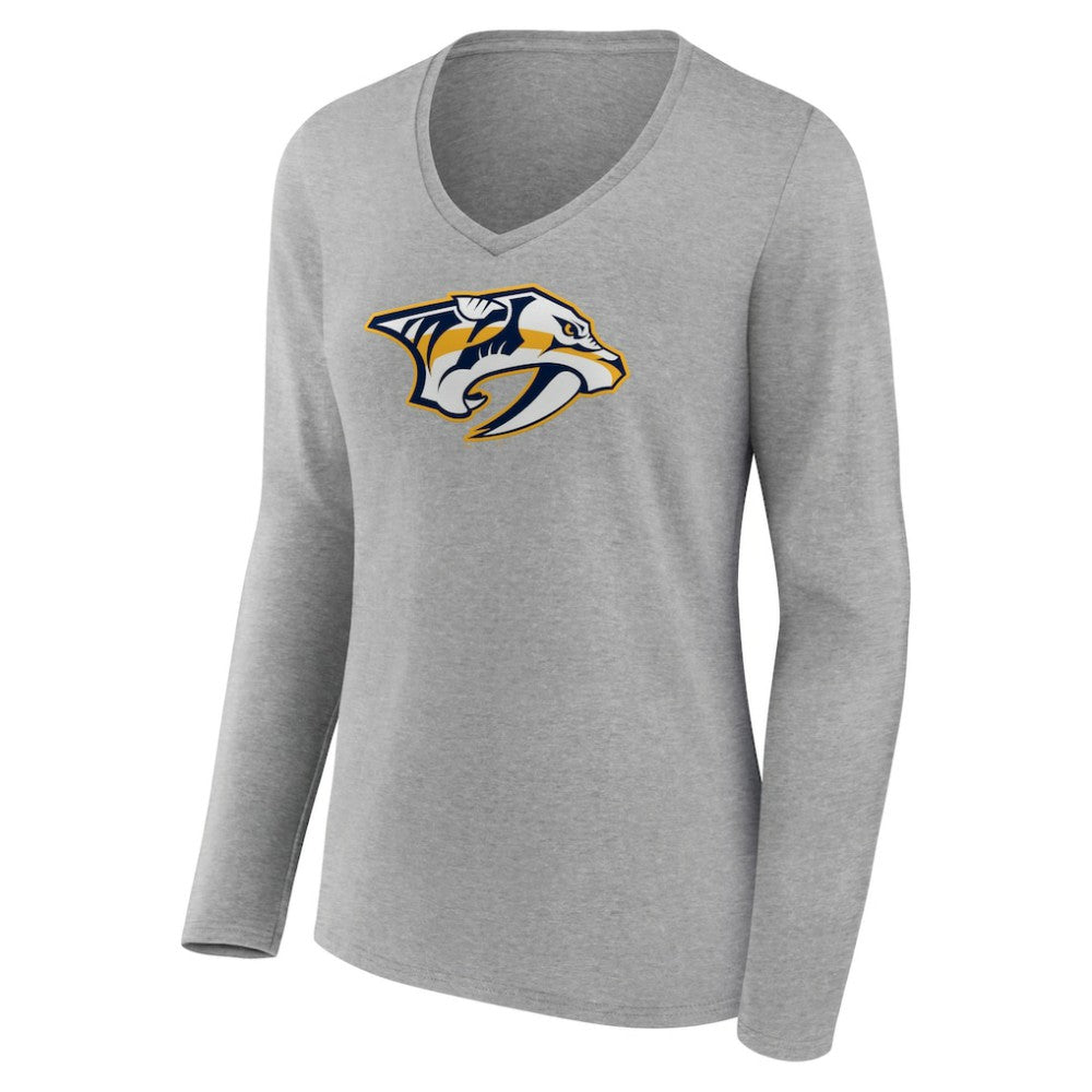 Nashville Predators Women's Primary Logo Team Long Sleeve V-Neck T-Shirt - Heather Gray - NHL