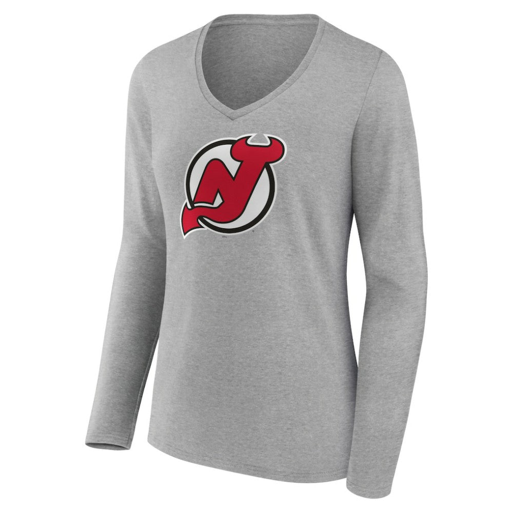 New Jersey Devils Women's Primary Logo Team Long Sleeve V-Neck T-Shirt - Heather Gray - NHL