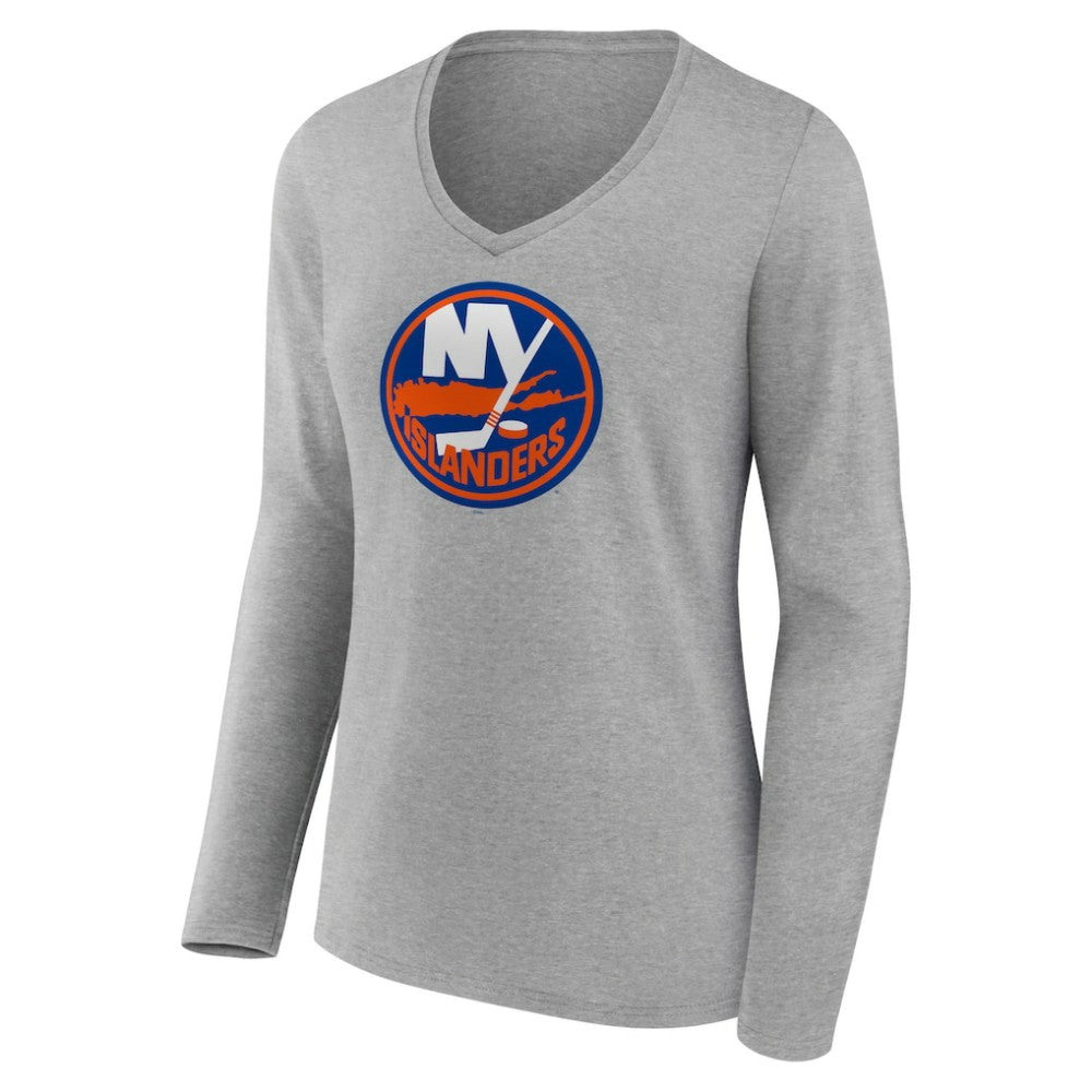 New York Islanders Women's Primary Logo Team Long Sleeve V-Neck T-Shirt - Heather Gray - NHL