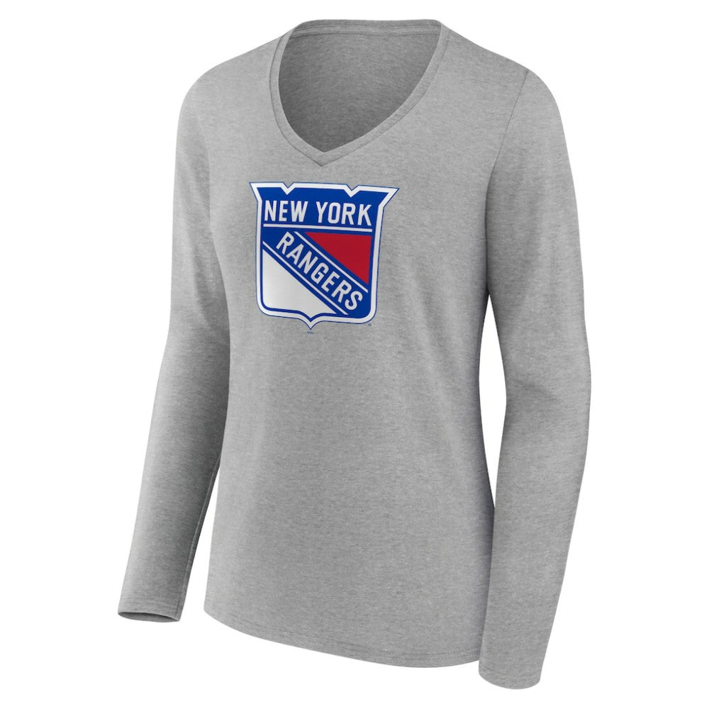New York Rangers Women's Primary Logo Team Long Sleeve V-Neck T-Shirt - Heather Gray - NHL