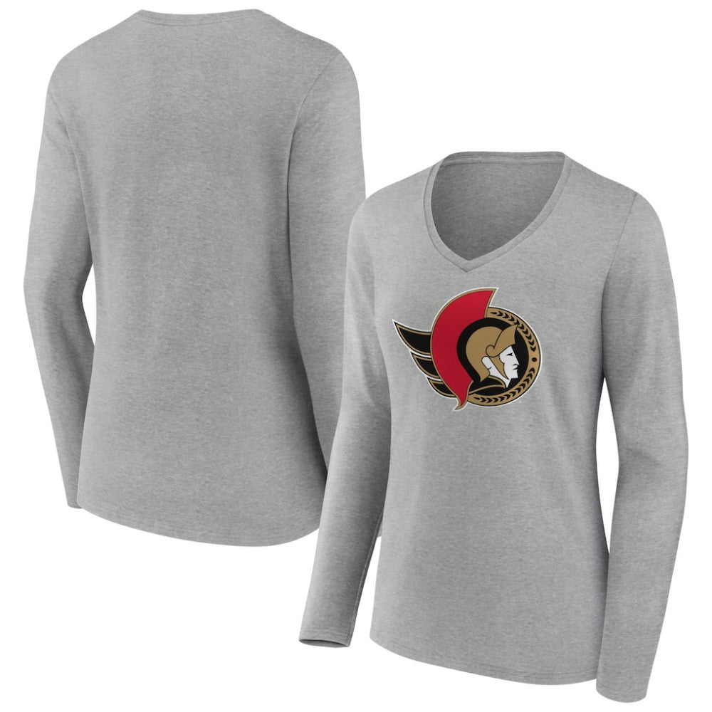 Ottawa Senators Women's Primary Logo Team Long Sleeve V-Neck T-Shirt - Heather Gray - NHL