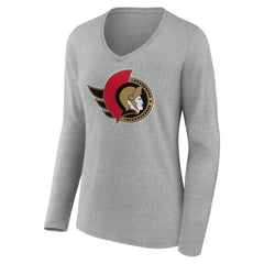 Ottawa Senators Women's Primary Logo Team Long Sleeve V-Neck T-Shirt - Heather Gray - NHL