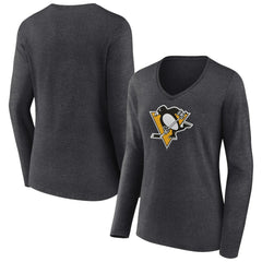 Pittsburgh Penguins Women's Primary Team Logo Long Sleeve V-Neck T-Shirt - Heather Charcoal - NHL